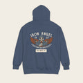 Flat lay back view of the Iron Angel Custom Motorcycles Comfort Colors 1567 heavyweight 9.5 oz fleece pullover hoodie in Denim Blue featuring skeleton wrench-bearer with mechanical wings built from gears and chain, and 1957 Key West custom garage crest.