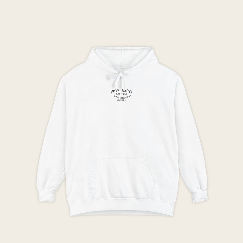 Flat lay front view of the Iron Angel Custom Motorcycles Comfort Colors 1567 heavyweight 9.5 oz fleece pullover hoodie in White featuring clean vintage Iron Angel arched garage typography chest badge.
