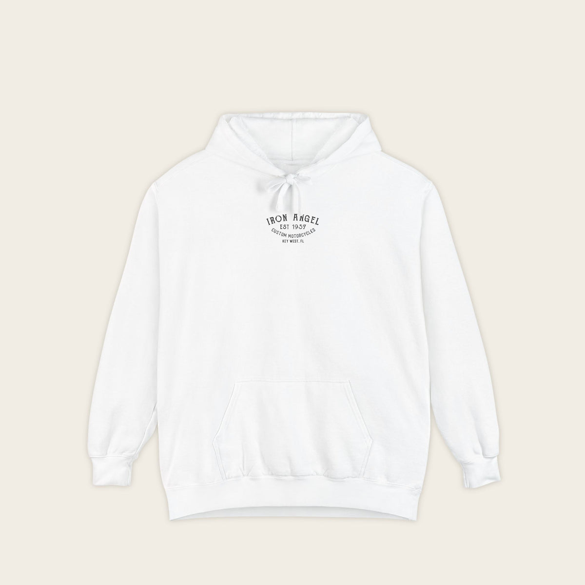 Flat lay front view of the Iron Angel Custom Motorcycles Comfort Colors 1567 heavyweight 9.5 oz fleece pullover hoodie in White featuring clean vintage Iron Angel arched garage typography chest badge.
